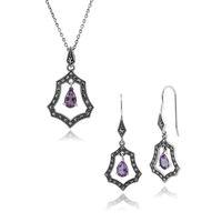 Sterling Silver Amethyst, Marcasite Art Nouveau Drop Earring & 45cm Necklace Set