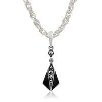 Sterling Silver 0.10ct Marcasite & Black Enamel Art Deco Pendant on 45cm Chain