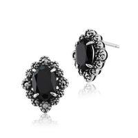 Sterling Silver 2.00ct Black Spinel & 0.24ct Marcasite Art Deco Stud Earrings