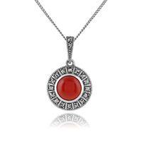 Sterling Silver Art Deco Carnelian & Marcasite 45cm Necklace