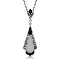 Sterling Silver Black Onyx, Mother of Pearl & Marcasite 45cm Necklace