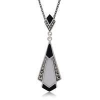 sterling silver black onyx mother of pearl marcasite 45cm necklace