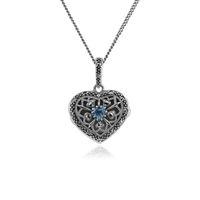 Sterling Silver Blue Topaz & Marcasite November Birthstone Heart Locket Necklace