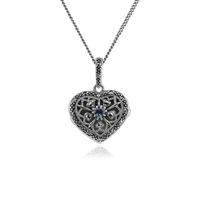 Sterling Silver Tanzanite & Marcasite December Birthstone Heart Locket Necklace