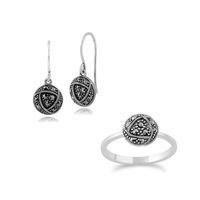 Sterling Silver Rennie Mackintosh Inspired Marcasite Drop Earring & Ring Set