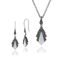 Sterling Silver Mother of Pearl & Marcasite Drop Earrings & 45cm Necklace Set