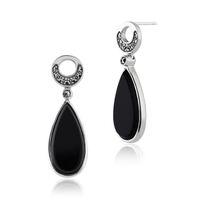 Sterling Silver 6.00ct Black Onyx & 0.17ct Marcasite Art Deco Drop Earrings