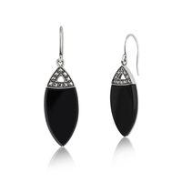 Sterling Silver 6ct Black Onyx & Marcasite Art Deco Drop Earrings