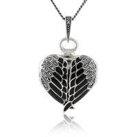 Sterling Silver Marcasite & Black Enamel Winged Heart Locket 45cm Necklace