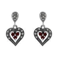 Sterling Silver Garnet & Marcasite Heart Earrings
