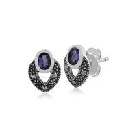 Sterling Silver Art Deco Tanzanite & Marcasite Stud Earrings