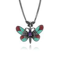 Sterling Silver 0.25ct Amethyst, Marcasite & Enamel Art Nouveau Butterfly 45cm Necklace