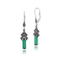 Sterling Silver Art Deco 2.22ct Green Chalcedony & Marcasite Drop Earrings