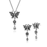 Sterling Silver Marcasite Butterfly Art Nouveau Drop Earring & 45cm Necklace Set