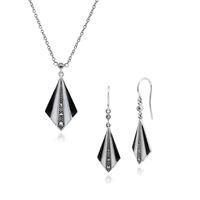 Sterling Silver Art Deco Enamel & Marcasite Drop Earring & 45cm Necklace Set