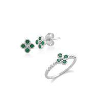 Sterling Silver Emerald Cluster Stud Earrings & Ring Set