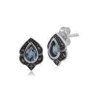 Sterling Silver Blue Topaz & Marcasite Art Nouveau Stud Earrings