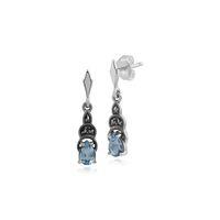 Sterling Silver Art Deco Blue Topaz & Marcasite Drop Earrings