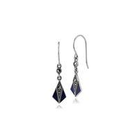Sterling Silver Marcasite & Blue Enamel Art Deco Drop Earrings