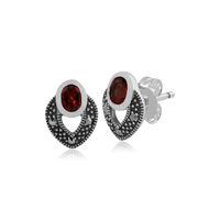 Sterling Silver Art Deco Garnet & Marcasite Stud Earrings