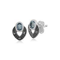 Sterling Silver Art Deco Blue Topaz & Marcasite Stud Earrings