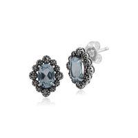 Sterling Silver Blue Topaz & Marcasite Art Deco Stud Earrings