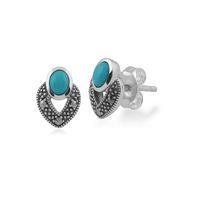 Sterling Silver Art Deco Turquoise & Marcasite Stud Earrings