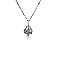 Sterling Silver Blue Topaz & Marcasite Art Nouveau 45cm Necklace