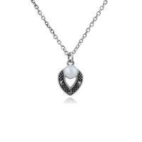 Sterling Silver Art Deco Pearl & Marcasite Necklace