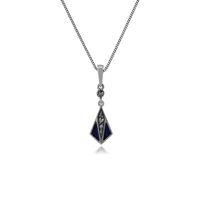 Sterling Silver Blue Enamel & Marcasite Art Deco Pendant on 45cm Chain