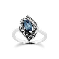 Sterling Silver Blue Topaz & Marcasite Art Nouveau Ring