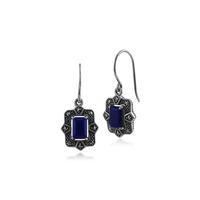 Sterling Silver Art Deco Lapis Lazuli& Marcasite Drop Earrings