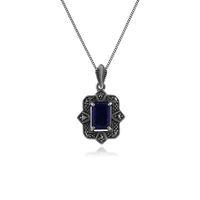 Sterling Silver Art Deco Lapis Lazuli & Marcasite Pendant on 45cm Chain