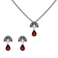 Sterling Silver Garnet & Marcasite January Stud Earring & 45cm Necklace Set