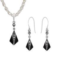 Sterling Silver Marcasite & Black Enamel Art Deco Drop Earring & Necklace Set