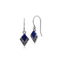 Sterling Silver Lapis Lazuli & Marcasite Art Deco Drop Earrings
