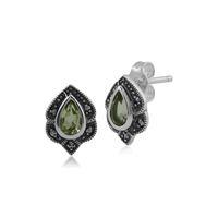 Sterling Silver Peridot & Marcasite Art Nouveau Stud Earrings