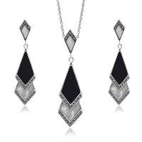 Sterling Silver MoP, Onyx & Marcasite Art Deco Drop Earring & 45cm Necklace Set