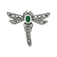 Sterling Silver Marcasite & Natural Emerald Dragonfly Design Brooch
