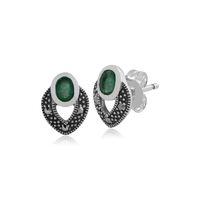 Sterling Silver Art Deco Emerald & Marcasite Stud Earrings