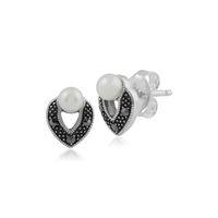 Sterling Silver Art Deco Pearl & Marcasite Stud Earrings