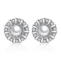 Stud Earrings AAA Cubic Zirconia Sun Flowers Sterling Silver Imitation Pearl Silver Jewelry For Wedding Party Daily Casual 1 pair