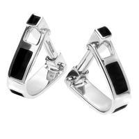 Sterling Silver Whitby Jet Inlaid Oblong Hoop Cufflinks