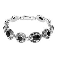 Sterling Silver Whitby Jet Marcasite Oval and Round Link Bracelet