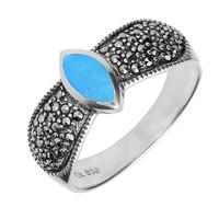 Sterling Silver Turquoise Marcasite Marquise Beaded Shoulder Ring