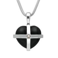 Sterling Silver Whitby Jet One Pearl Small Cross Heart Necklace