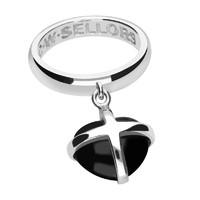 Sterling Silver Whitby Jet Small Cross Heart Dropper Ring