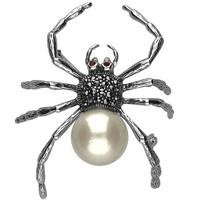 Sterling Silver Marcasite Pearl Garnet House Style Large Spider Brooch