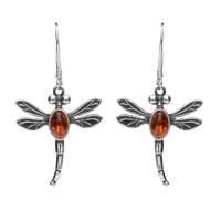 Sterling Silver Amber Dragonfly Hook Earrings