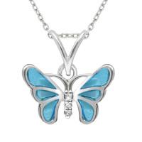 Sterling Silver White Sapphire Blue Enamel House Style Butterfly Necklace